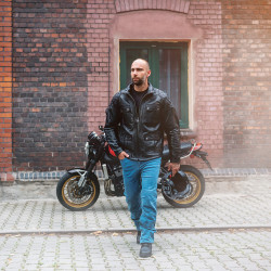 Blouson de moto en cuir noir pour hommes avec protection et col montant - Taille S à 6XL
