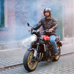 Blouson de moto en cuir noir pour hommes avec protection et col montant - Taille S à 6XL