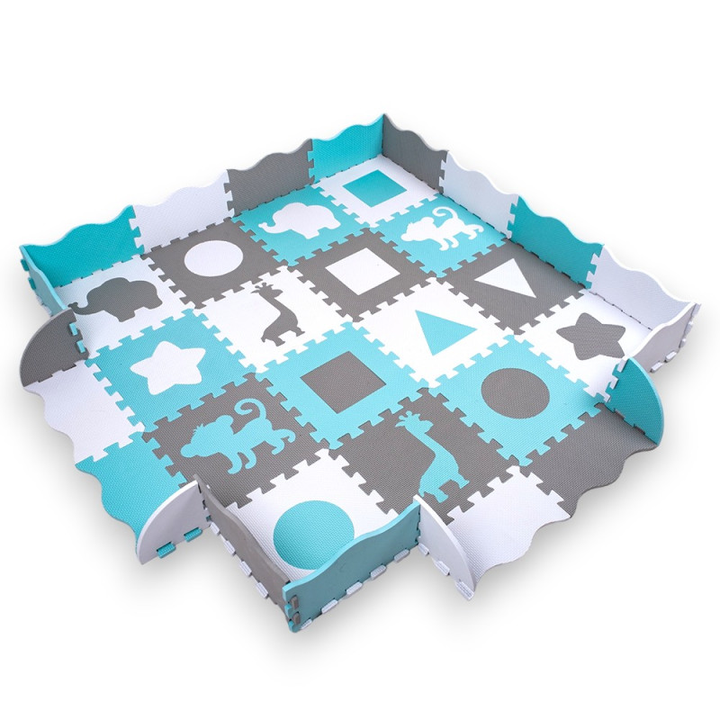 Parc pour bébé et enfant 30 x 30 x 1 cm avec 36 dalles puzzles modulable sur les formes et animaux - 3 coloris