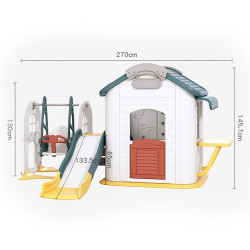 Cabane de jeux pour enfants avec toboggan et balançoire - Panier de basket et bureau inclus - Loisirs enfants