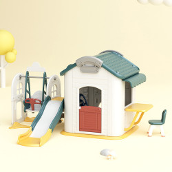Cabane de jeux pour enfants avec toboggan et balançoire - Panier de basket et bureau inclus - Loisirs enfants