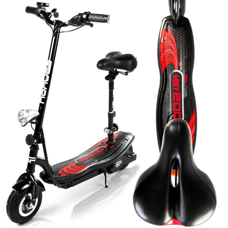 Trottinette électrique noir et rouge pliante avec siège