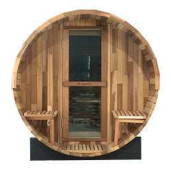 Sauna baril d'extérieur en bois de cèdre pour 4 personnes avec accessoires et porche - 90°C maximum