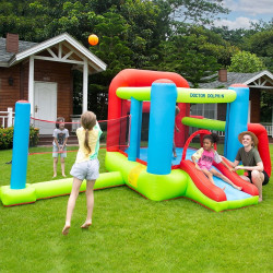 Château gonflable pour enfants avec toboggan et but de football - Paniers de basket et filet de volley-ball intégrés