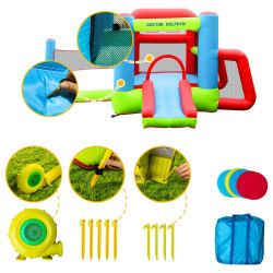 Château gonflable pour enfants avec toboggan et but de football - Paniers de basket et filet de volley-ball intégrés