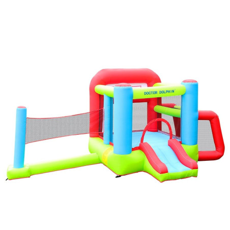 Château gonflable de jeux pour enfants avec toboggan, but de football, paniers de basket-ball et filet de voley-ball