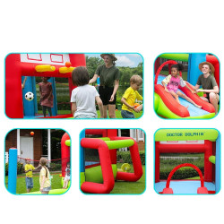 Château gonflable pour enfants avec toboggan et but de football - Paniers de basket et filet de volley-ball intégrés