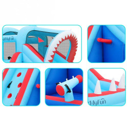Grand toboggan gonflable pour enfants avec zone d'eau et canon à eau - Mur d'escalade et panier de basket-ball intégré