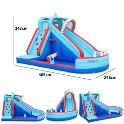 Grand toboggan gonflable pour enfants avec zone d'eau et canon à eau - Mur d'escalade et panier de basket-ball intégré