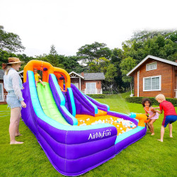 Aire de jeux gonflable pour enfants avec canon et jets d'eau - Doubles toboggans et piscine à balles