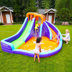 Aire de jeux gonflable pour enfants avec canon et jets d'eau - Doubles toboggans et piscine à balles