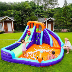 Aire de jeux gonflable pour enfants avec canon et jets d'eau - Doubles toboggans et piscine à balles