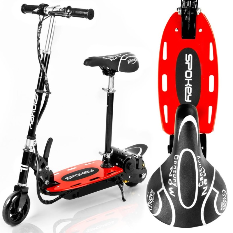 Trottinette électrique avec siège pliable au design noir et rouge