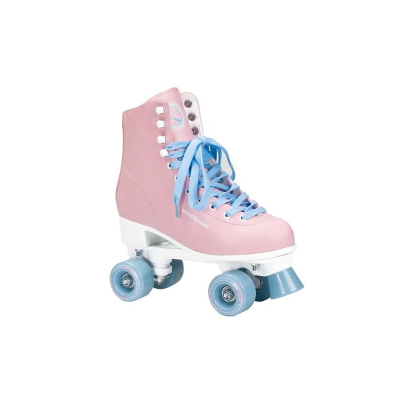 Patins à roulettes couleurs roses et bleues au châssis à double rangées.