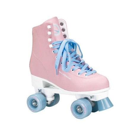 Patins à roulettes couleurs roses et bleues au châssis à double rangées.