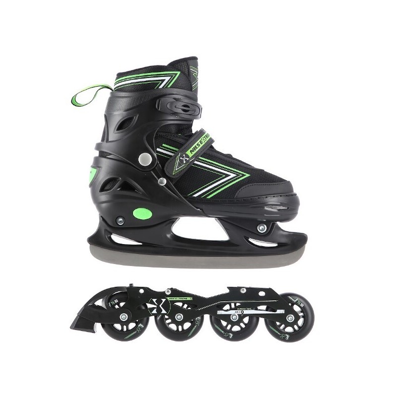 Patins de glisse verts et noirs avec châssis interchangeable et système de redimentionnement