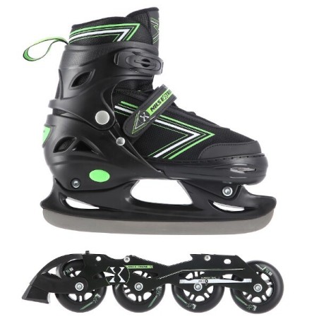 Patins de glisse verts et noirs avec châssis interchangeable et système de redimentionnement