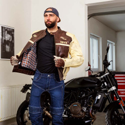Veste de moto en cuir pour homme W-TEC Retro - Noir Brun Beige