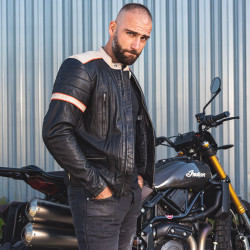 Veste en cuir véritable pour homme - Noir avec rayures beige et orange