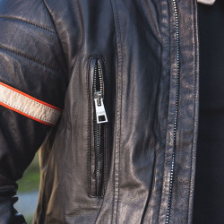 Veste en cuir véritable pour homme - Noir avec rayures beige et orange