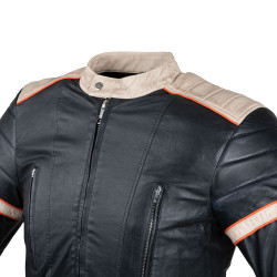 Veste en cuir véritable pour homme - Noir avec rayures beige et orange