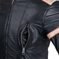 Veste en cuir véritable pour homme - Noir avec rayures beige et orange