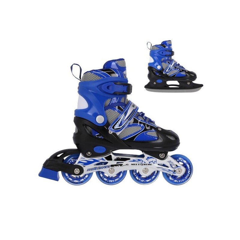 Patins de glisse double usage pour patineurs débutants ou avancés design noir et bleu