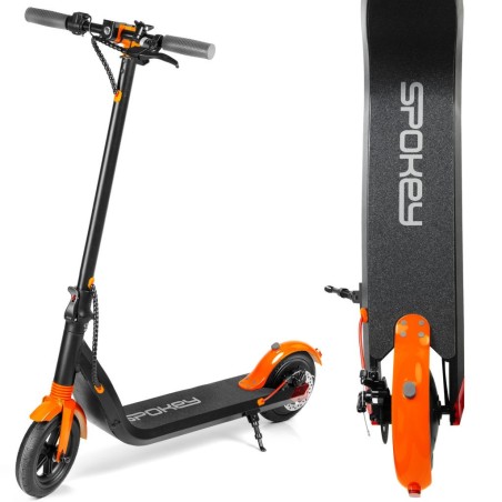 Trottinette électrique au design orange fluo. Vitesse 350W pour parcourir environ 18 km.